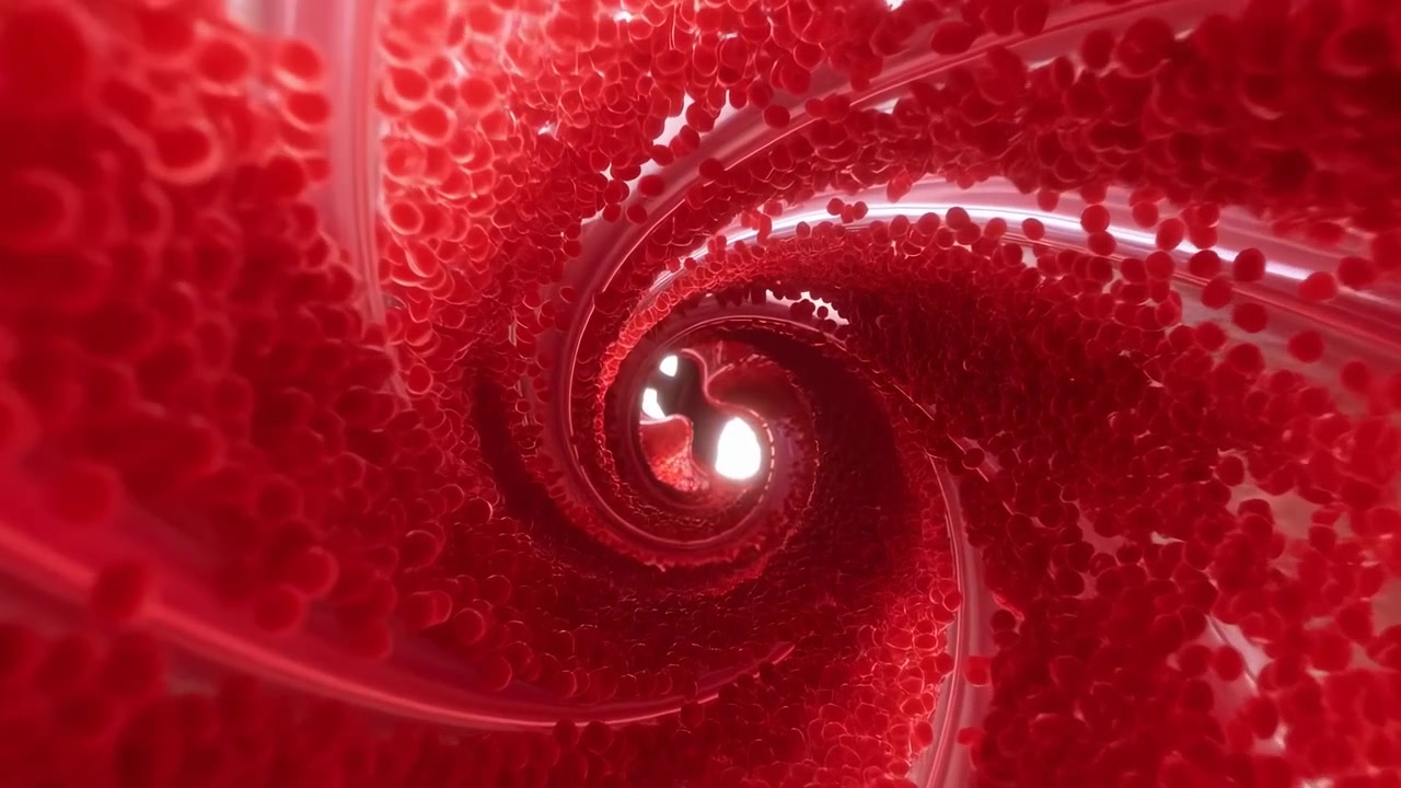 Centered view inside a glossy red spiral tunnel filled with translucent spheres and smooth curved surfaces, creating a vivid abstract scene with strong depth