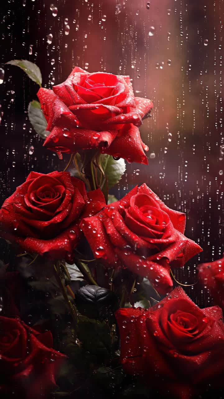 Close-up video shot of vibrant red roses with raindrops, captured from a low angle