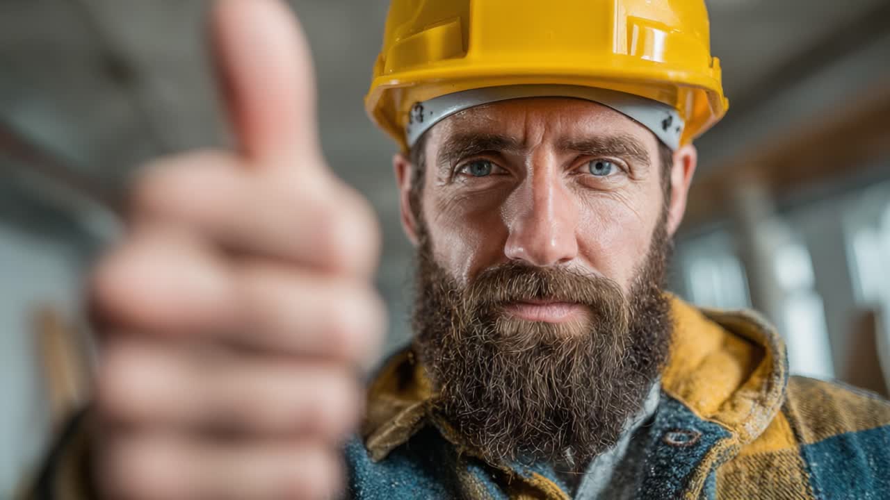 A Close-Up of a Construction Worker Giving a Thumbs-Up Gesture, Signifying Approval and Confidence in His Work Environment and Achievements