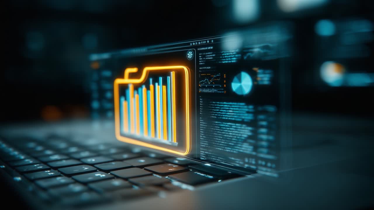 A futuristic representation of data management and analysis emerges from a laptop's keyboard, showcasing dynamic graphs and insights within an illuminated digital folder