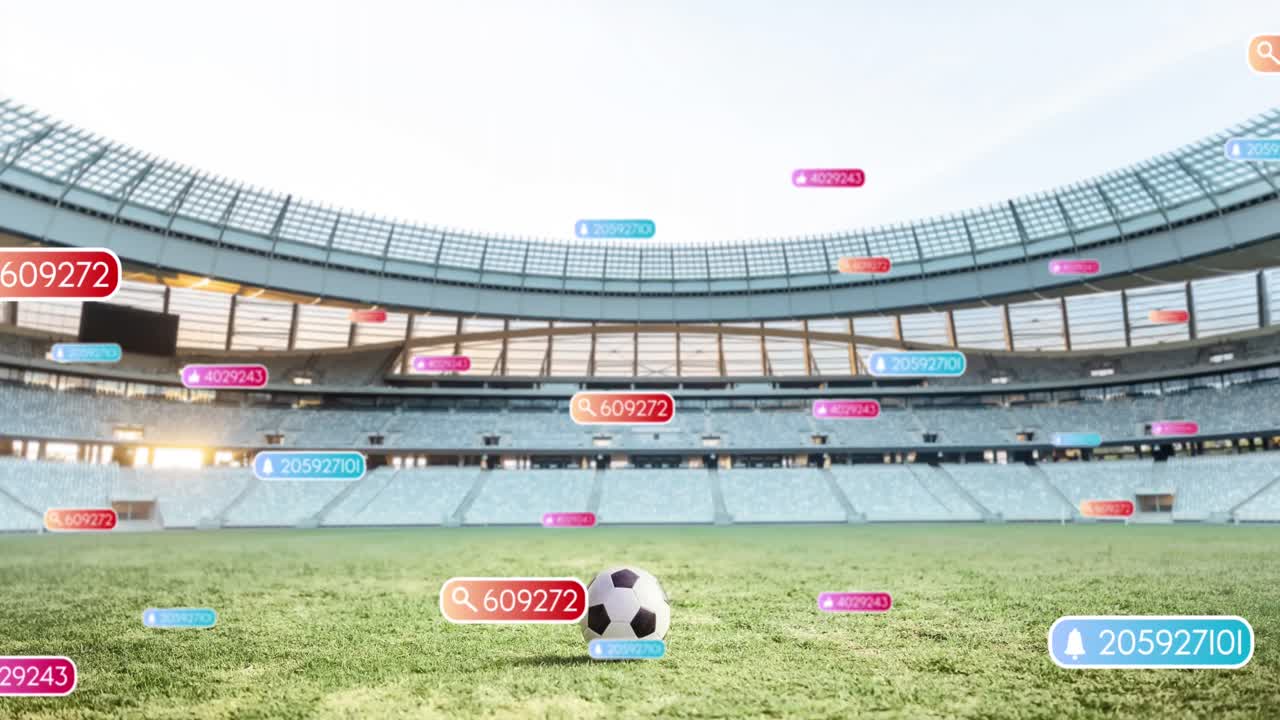 animación de iconos de las redes sociales en pancartas sobre el fútbol en el campo