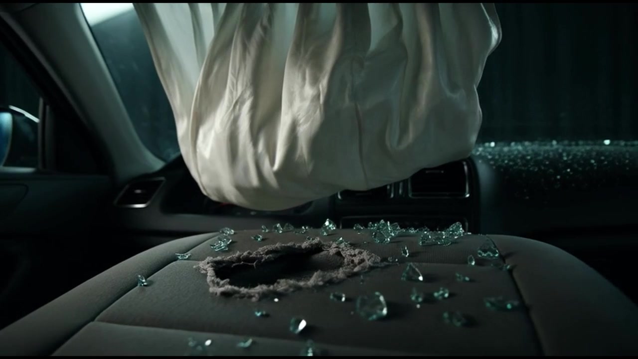 Car Airbag Deployment and Shattered Glass on Passenger Seat