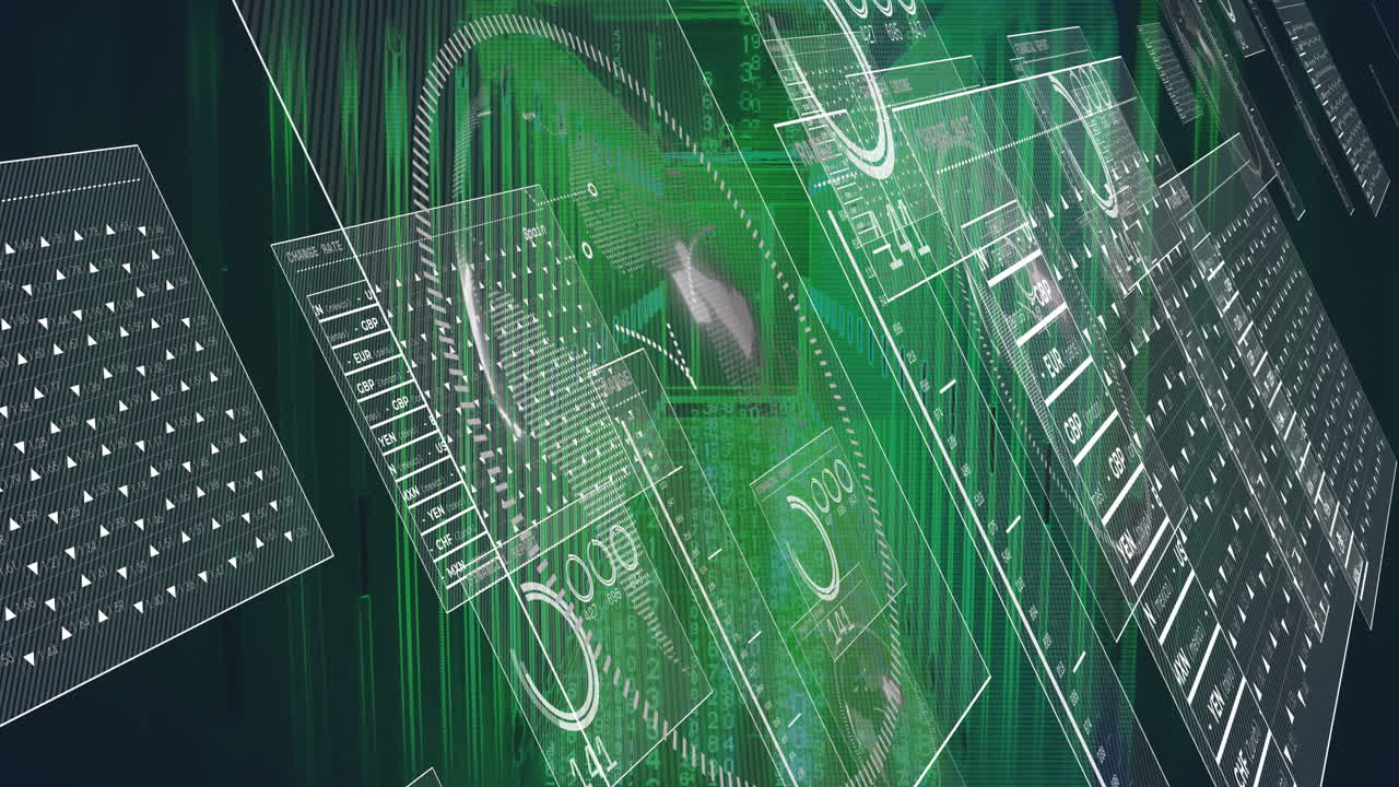 Animation of financial charts and digital data on green abstract background