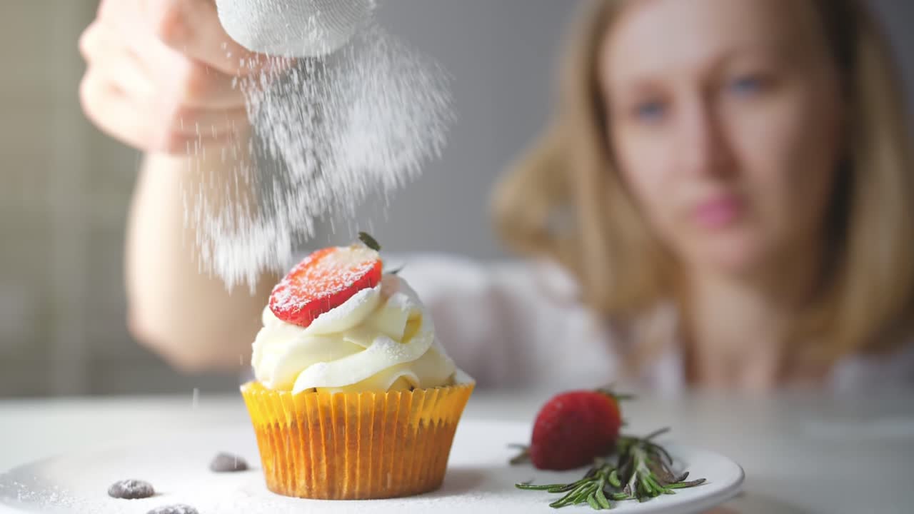 Woman decorating a strawberry cupcake with powdered sugar