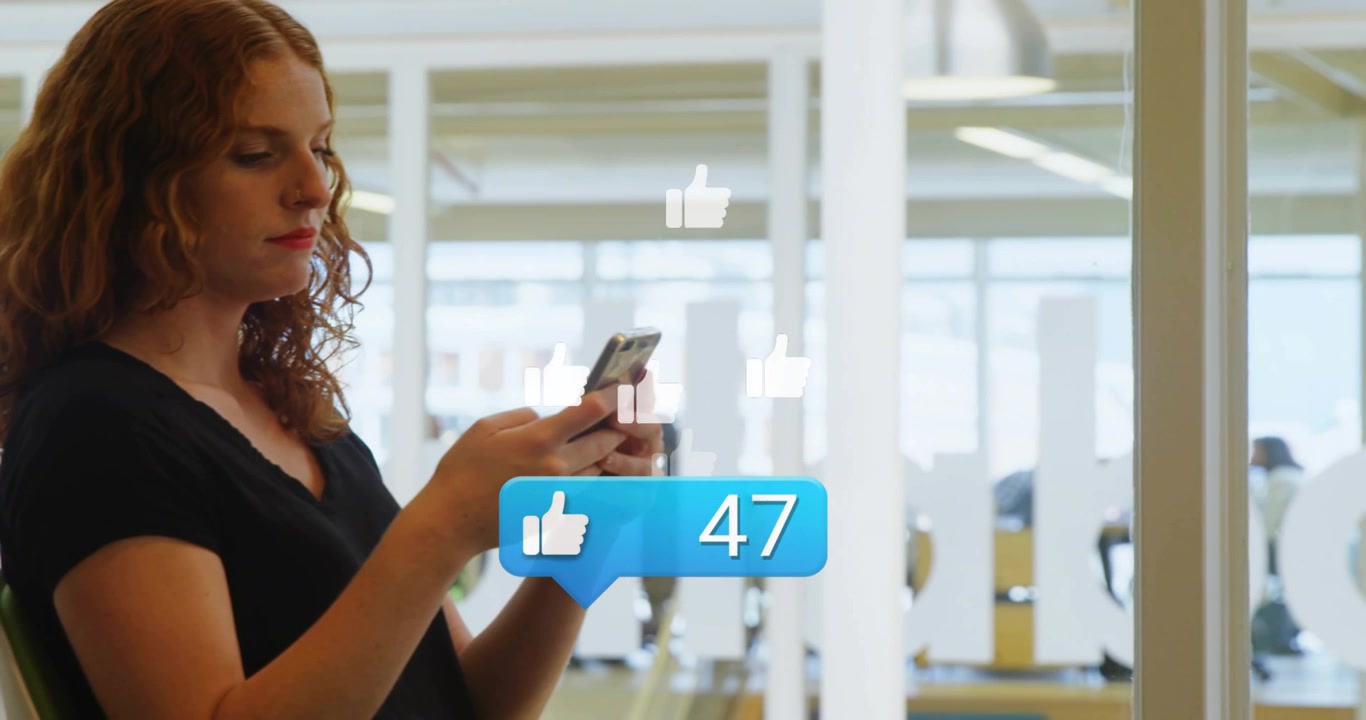 Office worker tapping smartphone screen and watching thumbs-up bubble counting eight to 95 for data