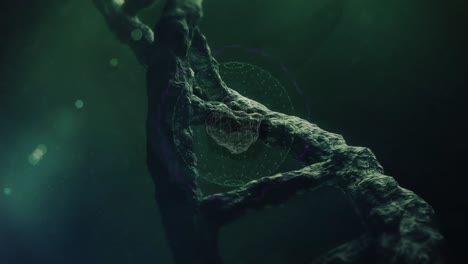 animation of dna structure spinning over globe of network of connections against green background