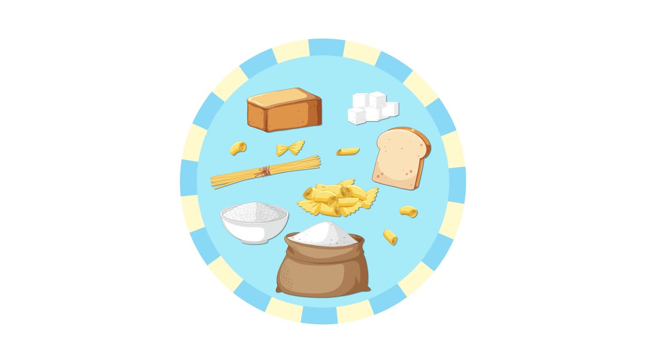 Animated carbohydrate foods rotate smoothly in a circular frame on a clean white background