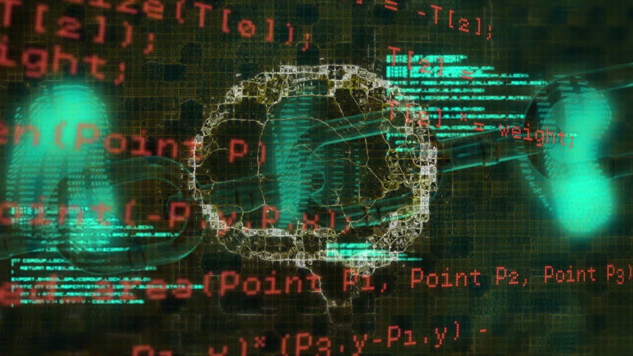 animación de pantalla digital con huellas dactilares, cerebro, cadena de bloques y procesamiento de datos