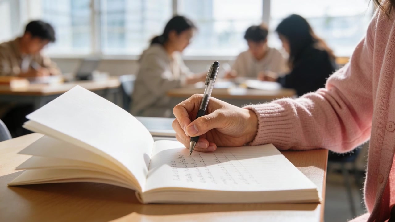 ピンクのセーターを着た学生が、机で手を上げ、ペンを調整しながらノートにメモを取っている。
