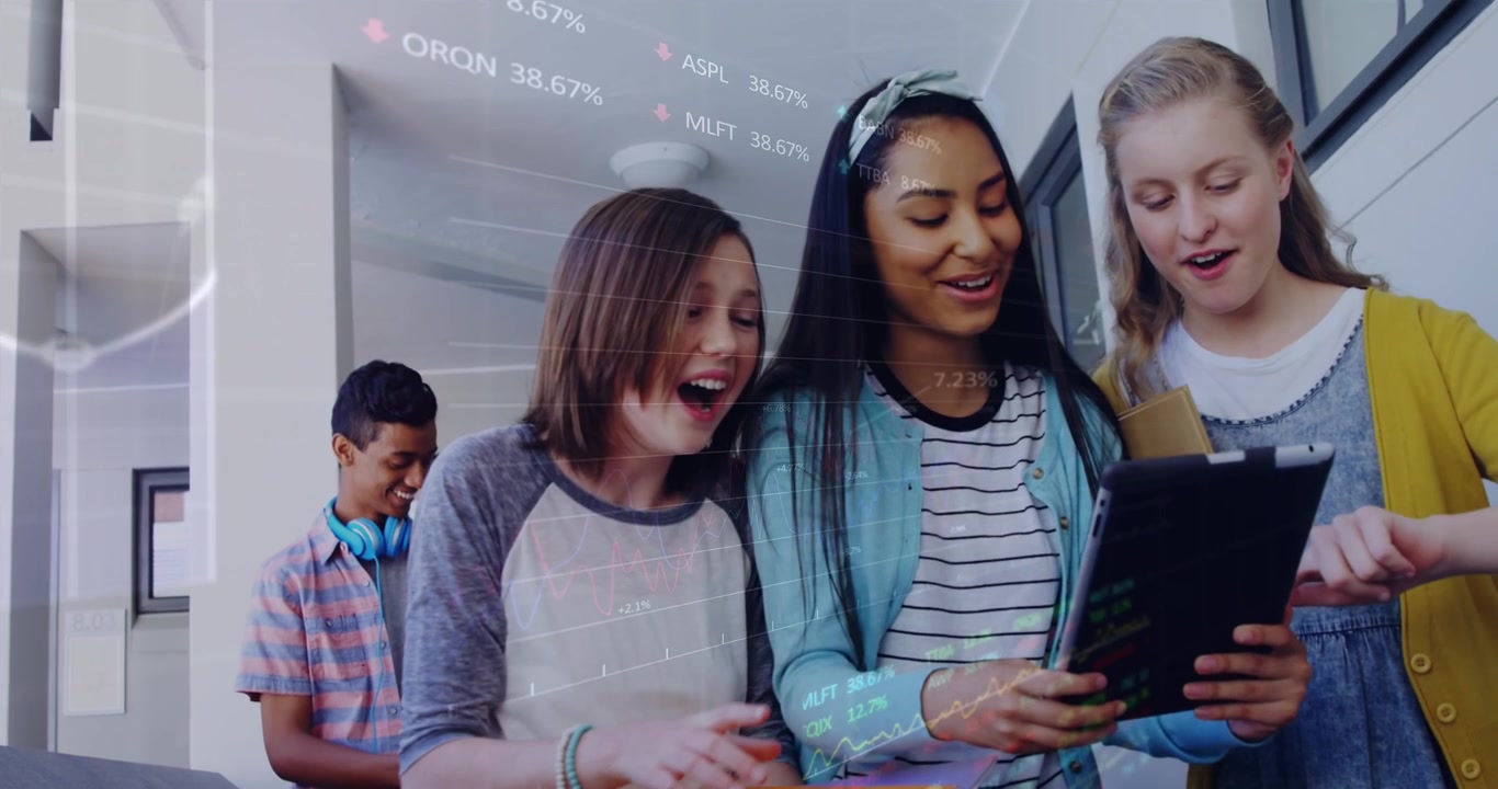 Animation of data processing over diverse students walking