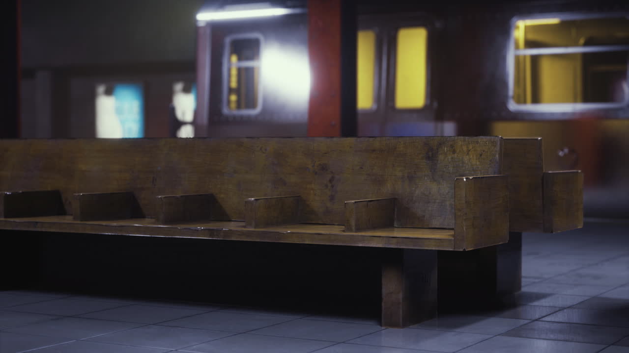 Vintage bench in urban subway station at twilight with soft lighting