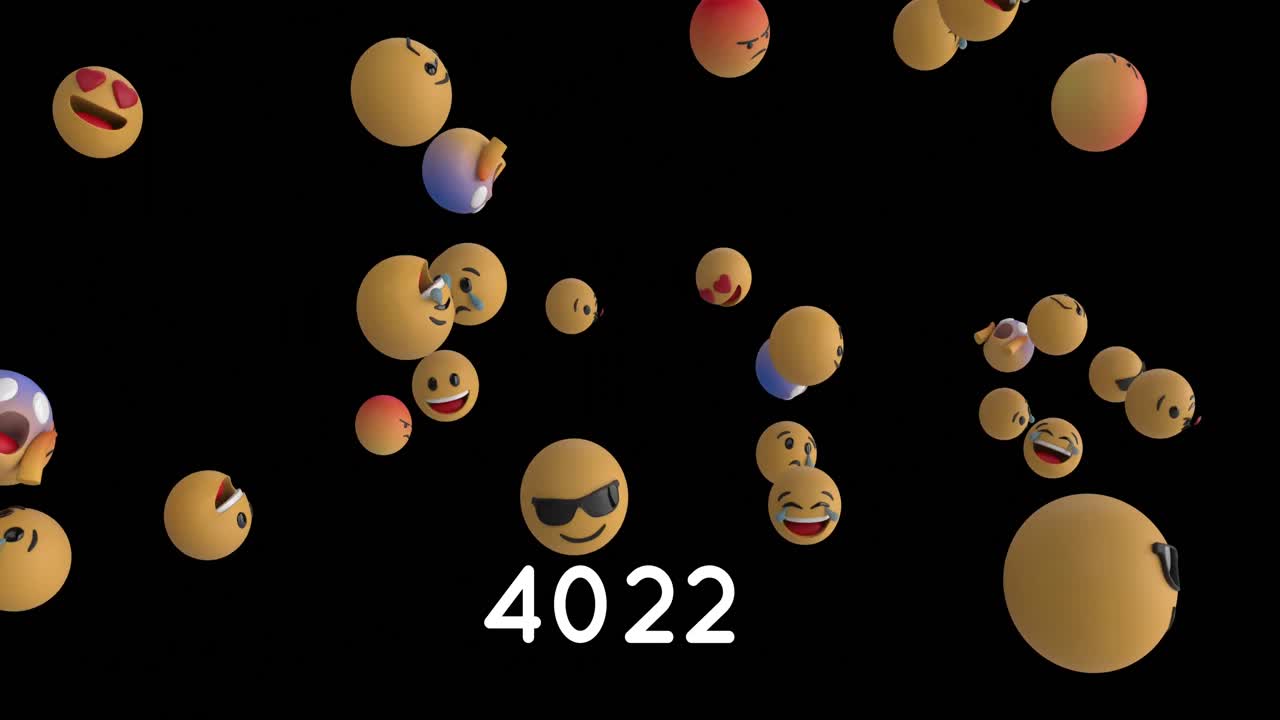 검은 바탕에 떠다니는 여러 얼굴 이모티콘 위에 둥근 빨간 배너의 숫자가 증가하고 있습니다.