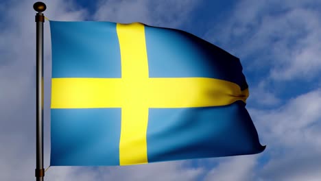 swedish flag with fabric texture waving in the wind on a blue white cloudy sky background. seamless loop stock 4k video. national flag of sweden