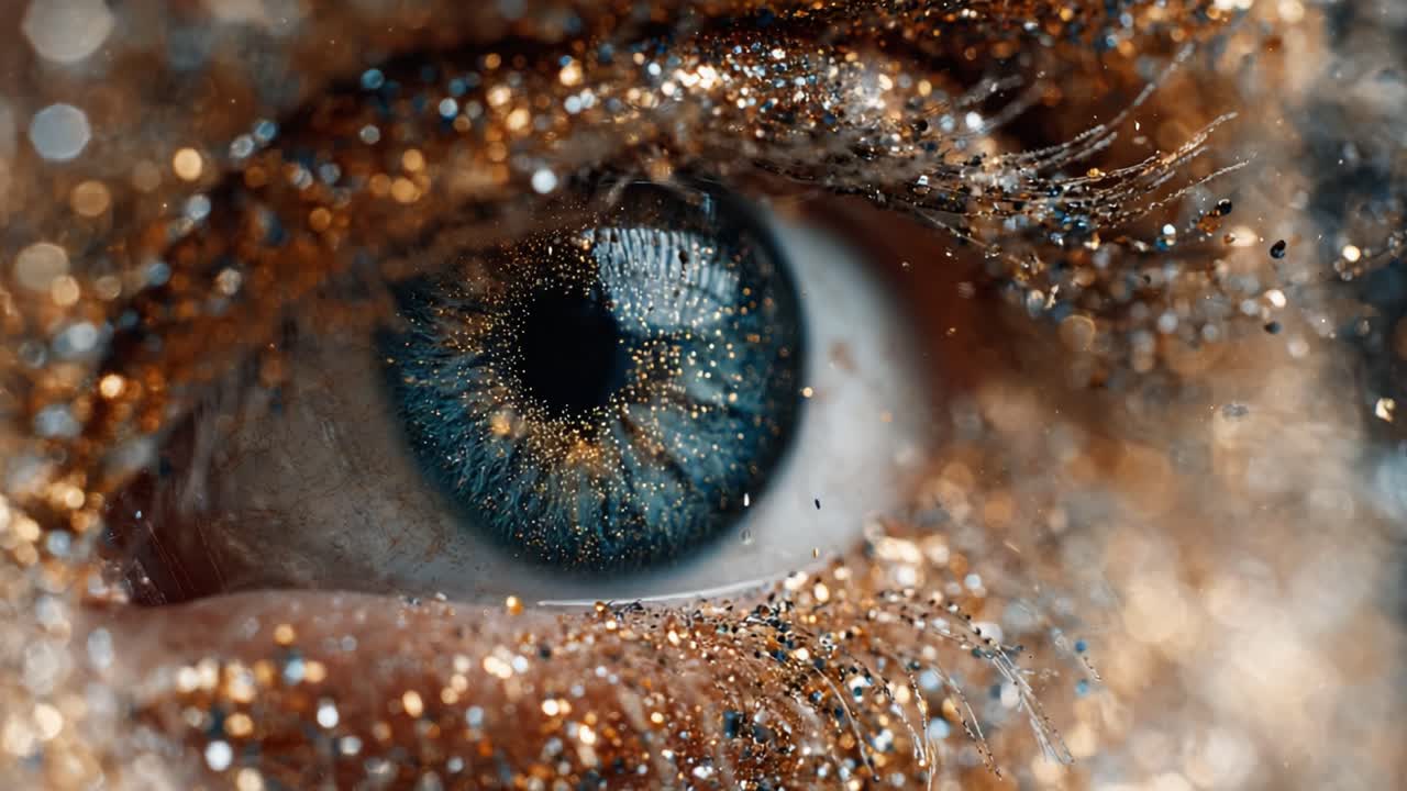 A Close-Up Focus on a Stunning Eye Captivated by Sparkling Glitter, Showcasing Vibrant Colors and Textures in a Stunning Macro Perspective