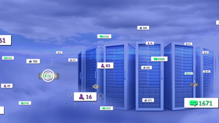 Animation of social media icons against computer servers in the sky