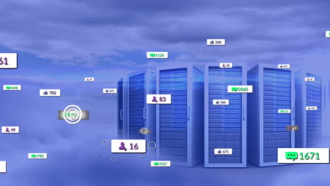 animation of social media icons against computer servers in the sky