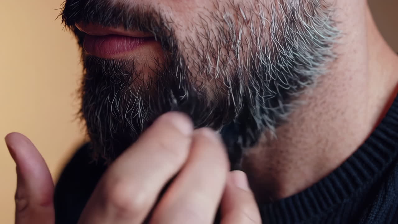 Close up of a man's beard and hands