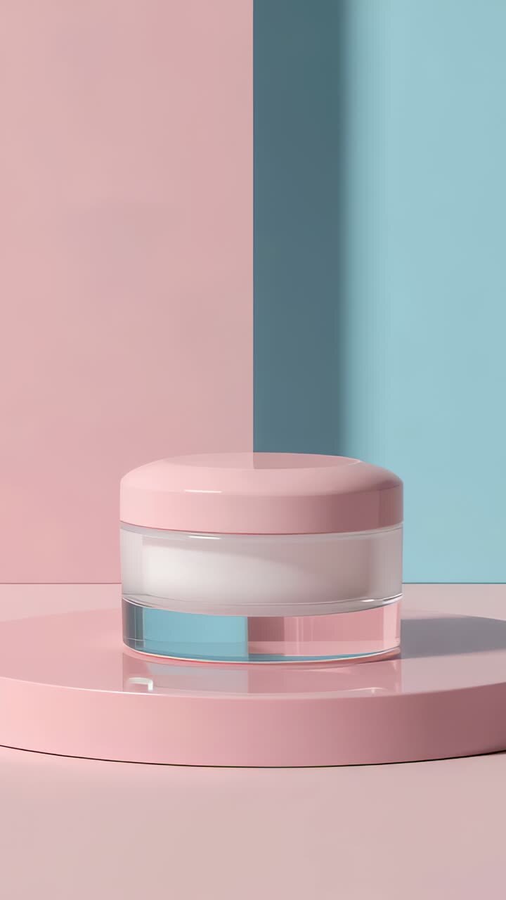 Vertical video: After platform rotation starts cosmetic jar spinning in studio for product showcase