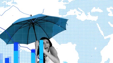 procesamiento de datos financieros y mapa del mundo contra la mujer con el paraguas
