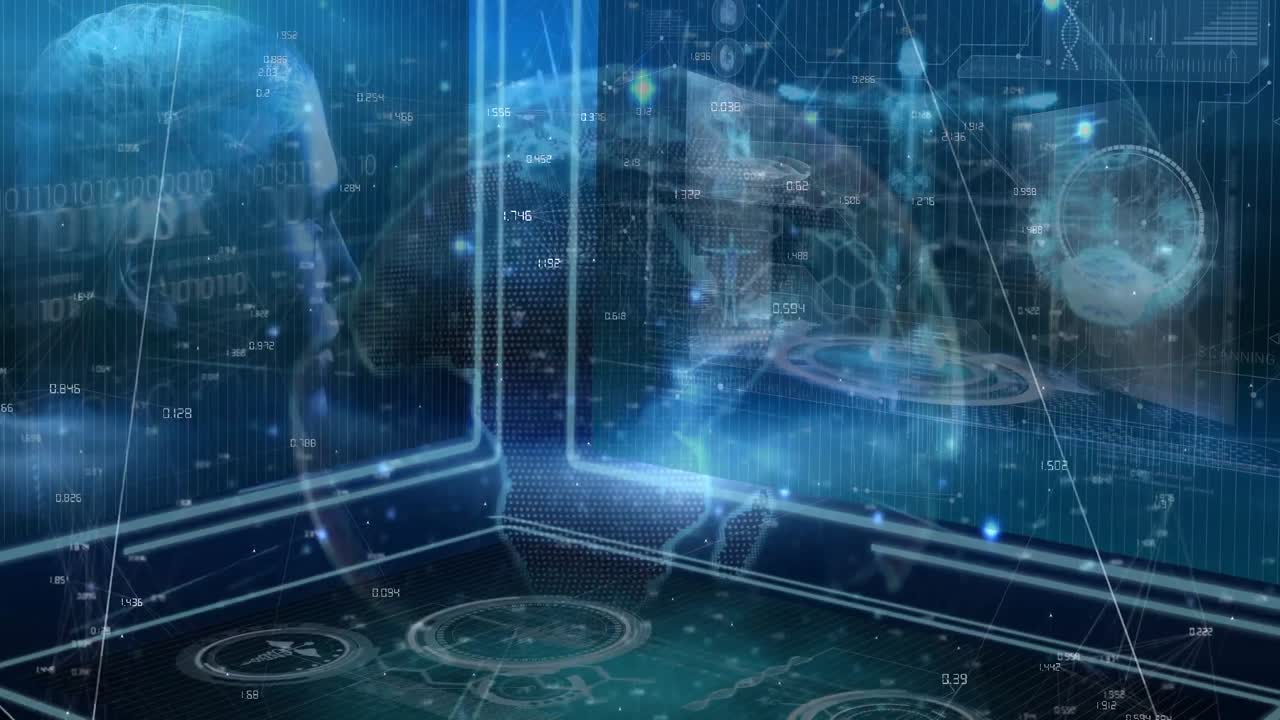 지구 위의 셰브론 패턴의 애니메이션과 과학 데이터와 함께 화면