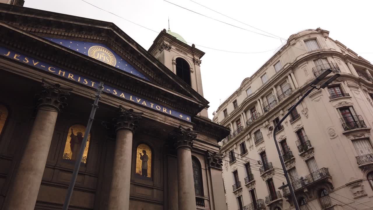 Panning Roman Catholic and European heritage buildings of Buenos Aires city, Argentina, in Recoleta classic neighborhood