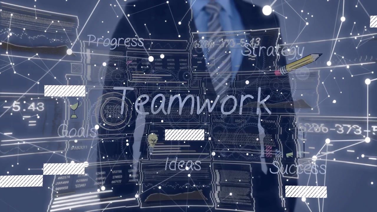 man presenting futuristic business interface, showing network nodes, progress arrow, strategy icons