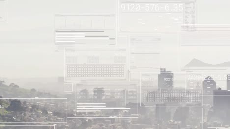 Animation-of-multiple-hud-screens-with-numbers-over-aerial-view-of-cityscape