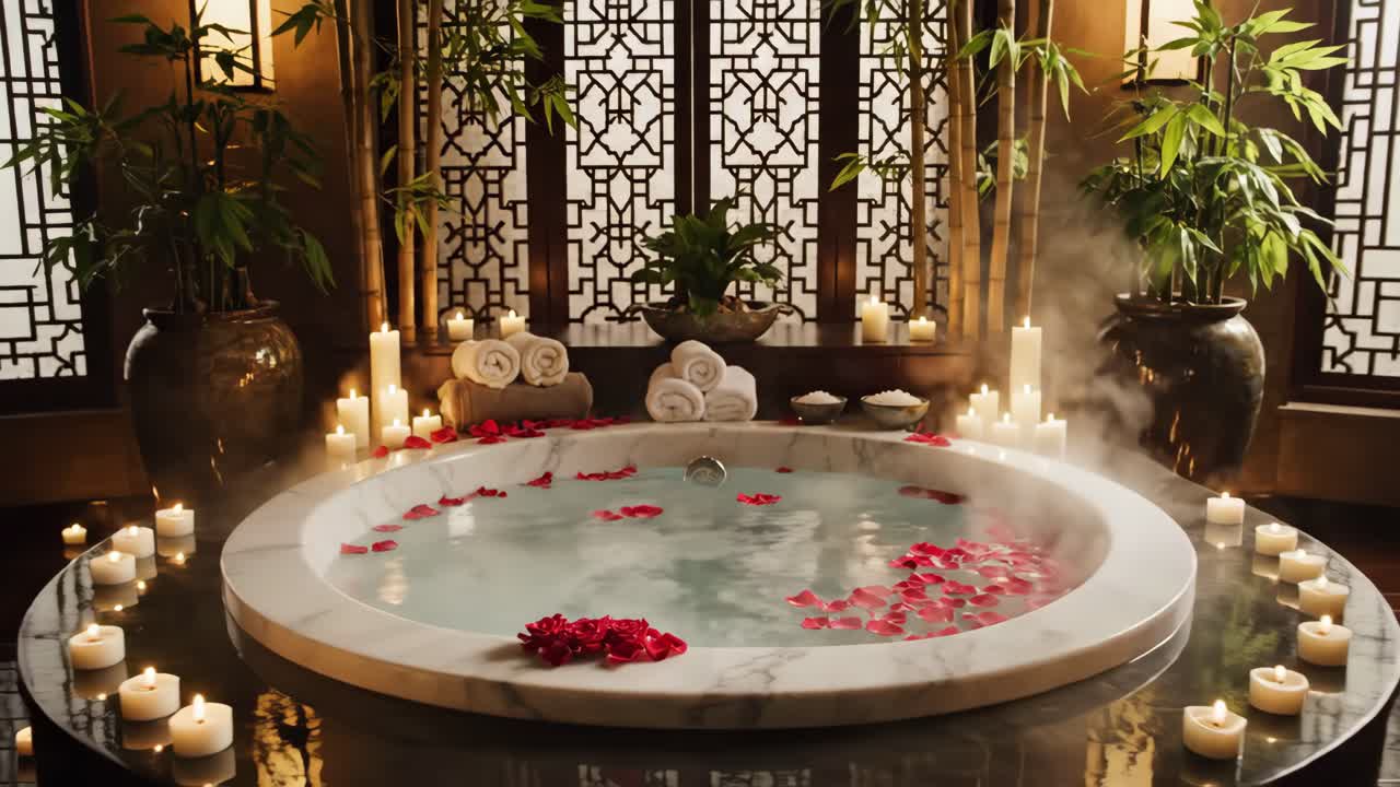 Vasca idromassaggio con petali di rosa e candele