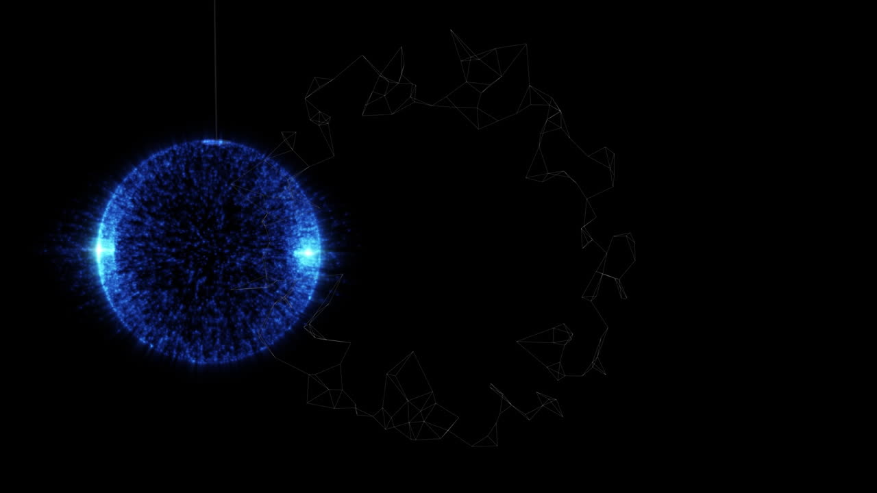 Animation of snow falling over christmas blue bauble with copy space on black background