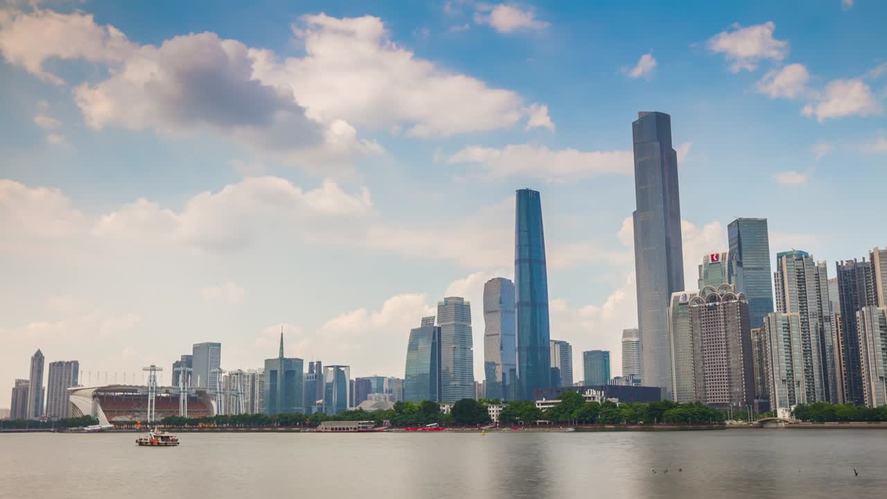 해가 지는 빛 광저우 시 하이신샤 섬 시내 리버 베이 파노라마 4k 타임 스 중국