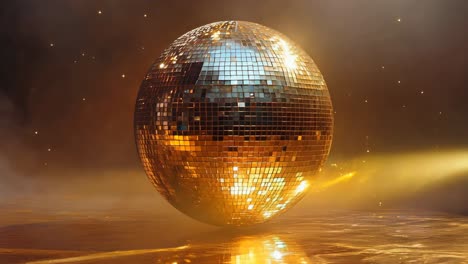 a shiny gold ball with a reflective surface. the ball is surrounded by a foggy atmosphere. scene is mysterious and ethereal