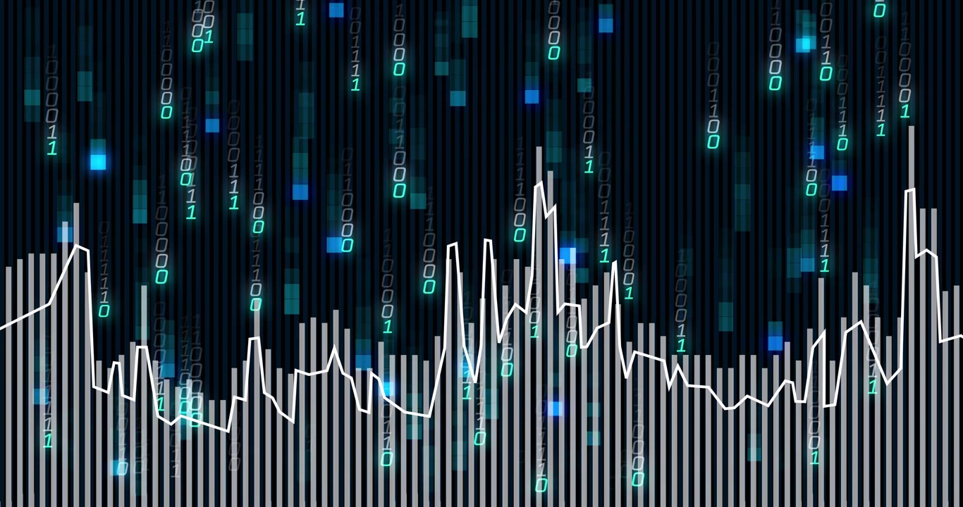 Incoming signal driving visualizer pulsing bars and waveform, visualizing data surge, glowing bits