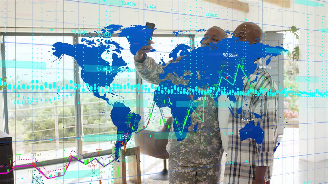 Soldier showing raising phone putting arm on dad taking selfie with blue map overlaying scene tech