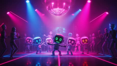 a vibrant and dynamic dance scene featuring an ensemble of playful robots with colorful lights and a disco ball, creating a lively atmosphere at a futuristic party