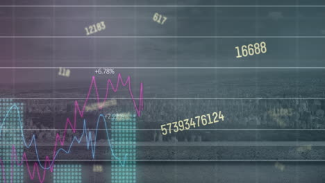 animación de números cambiantes y procesamiento de datos estadísticos frente a una vista aérea del paisaje urbano