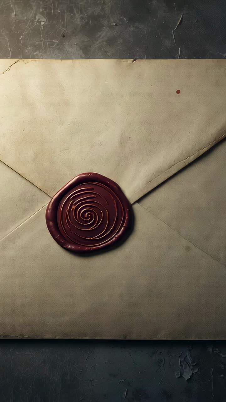 Vertical video: Panning camera rising, showing cream envelope, red spiral wax seal and brown stain