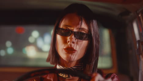 young cheerful woman singing as driving car through night city