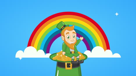 st patricks day animated card with elf and hat in rainbow