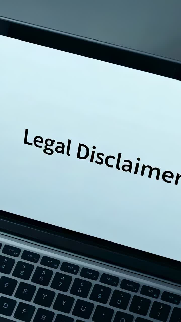 Vertical video: Camera shifting, laptop display showing Legal Disclaimer tilting on desk, keyboard