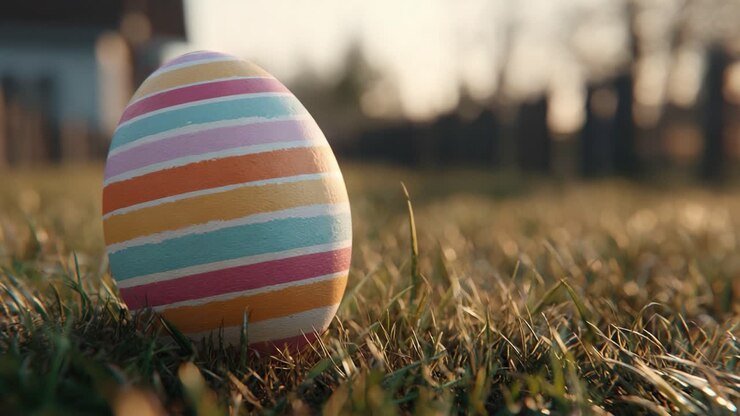 Colorful Easter Egg in a Natural Setting: A Close-Up View of a Vibrant Painted Egg Surrounded by Grass and a Blurred Background of a Cemetery at Dusk