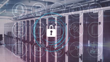 Animation of data processing and padlock over server room