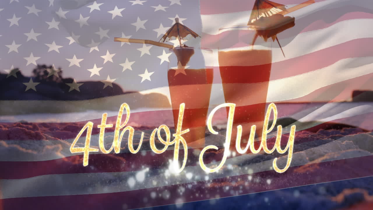 Two cocktails in the beach and an American flag with a 4th of July text.
