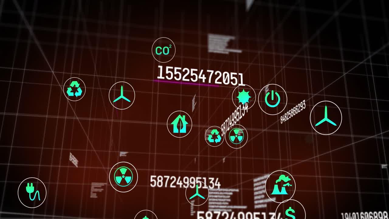 다중 디지털 아이콘의 애니메이션과 빨간색 배경의 빛의 흔적에 대한 번호 변경