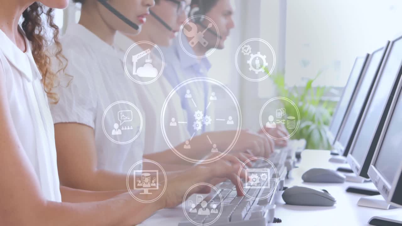 representantes del centro de llamadas y diferentes iconos 4k