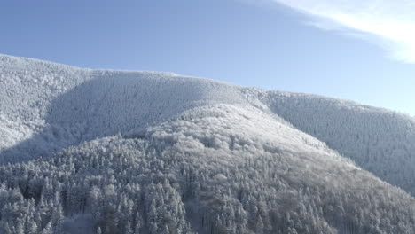 Rising-Aerial-Shot-Of-Forest-Covered-Mountain-With-Fresh-Snow-On-A-Winter-Day,-Breathtaking-Destination
