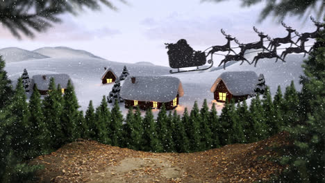 animation of santa claus in sleigh with reindeer over snow falling on winter town