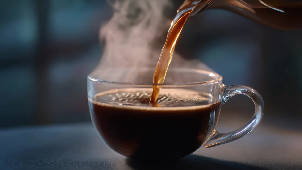 Aromatisk damp stiger fra en friskbrygget kop kaffe, der viser den rige farve og indbydende essens af en varm drik på en rolig morgen.