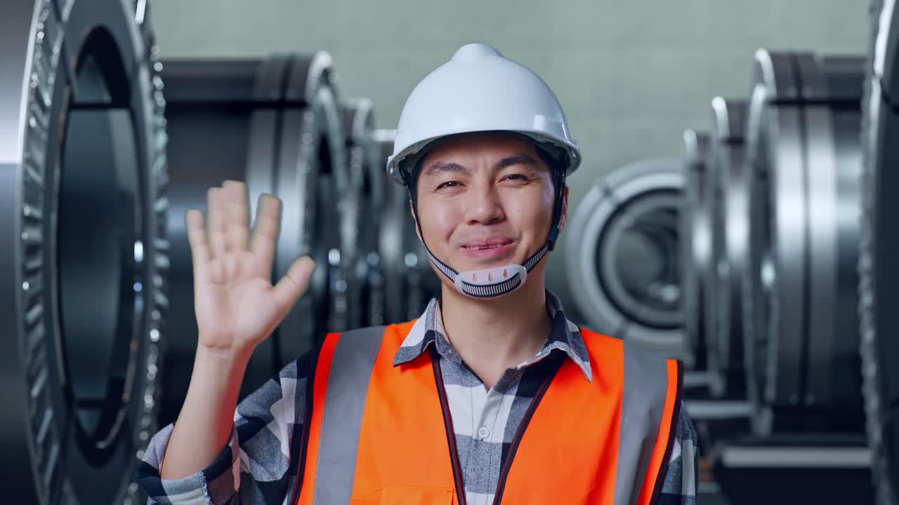 안전 헬을 입은 아시아 남성 엔지니어가 카메라에 미소 짓고 금속 공장에 서서 작별 인사를 하고 손을 흔들고 있습니다.