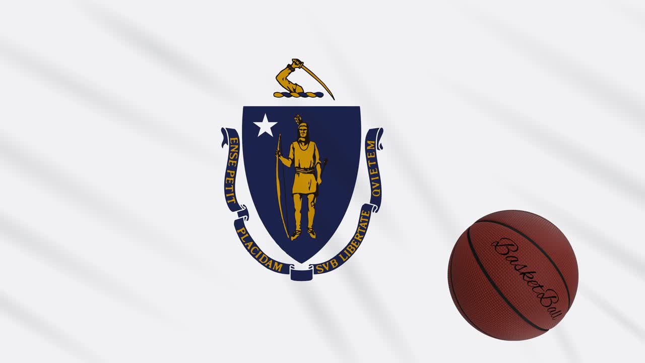 la bandera de massachusetts agitando y la pelota de baloncesto girando, bucle