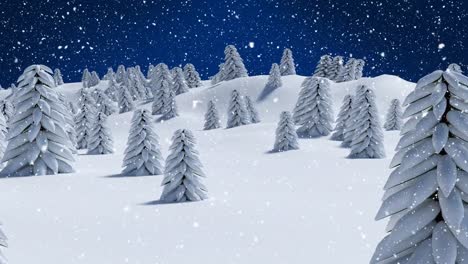 Animation-of-winter-scenery-with-fir-trees-on-blue-background